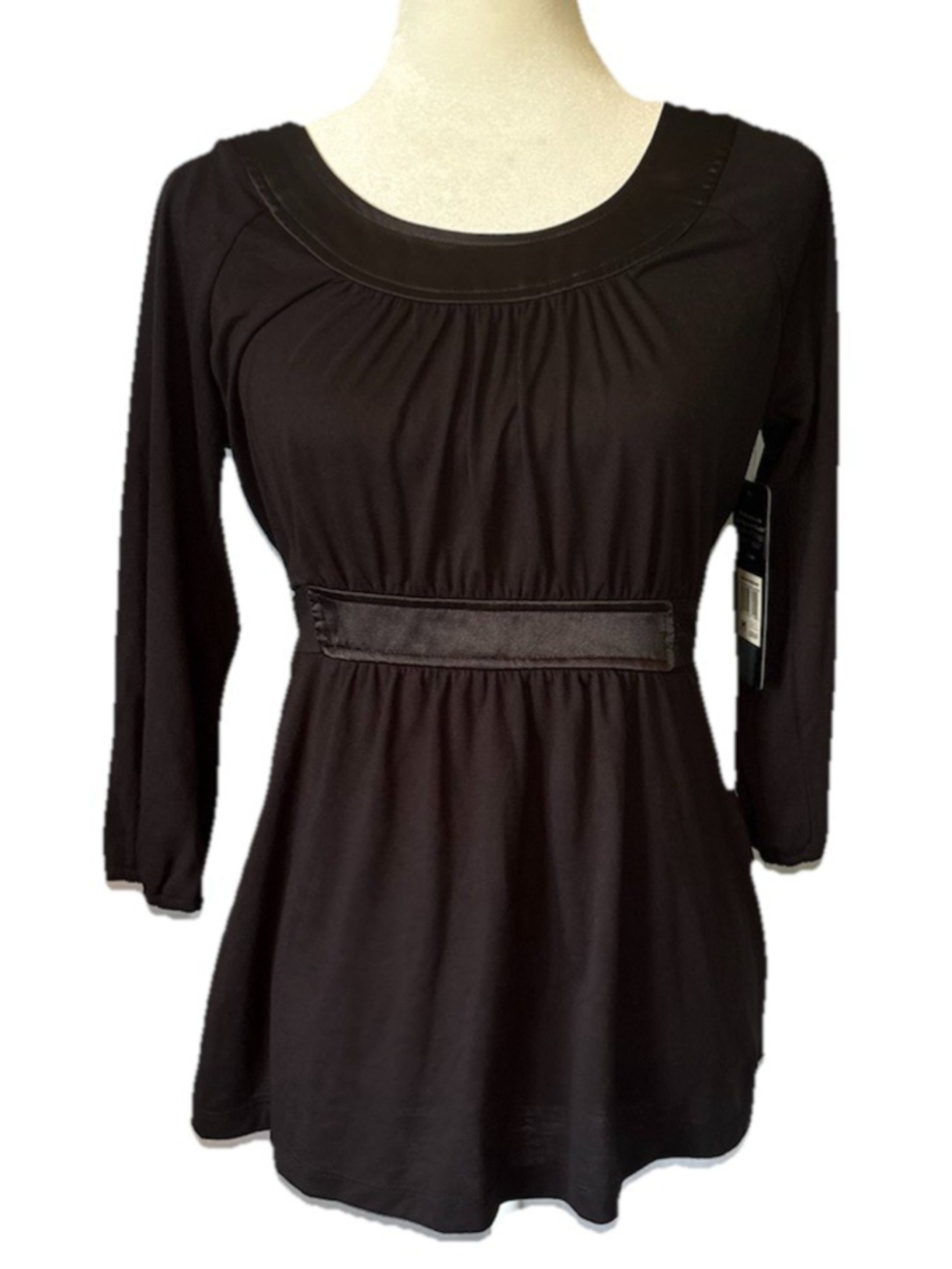NWT Daisy Fuentes Black Empire Waist Blouse M Satin Trim Tie Back 3/4 Sleeve Top